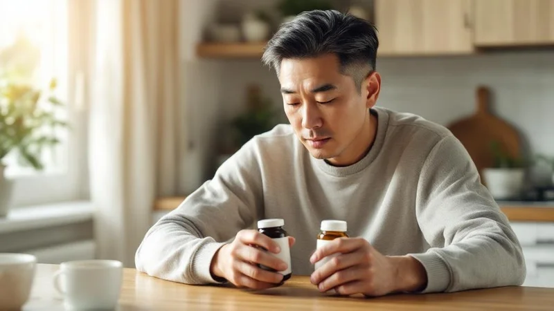 明るいキッチンのテーブルで2本の異なるサプリ瓶のラベルを真剣に比較する40代男性